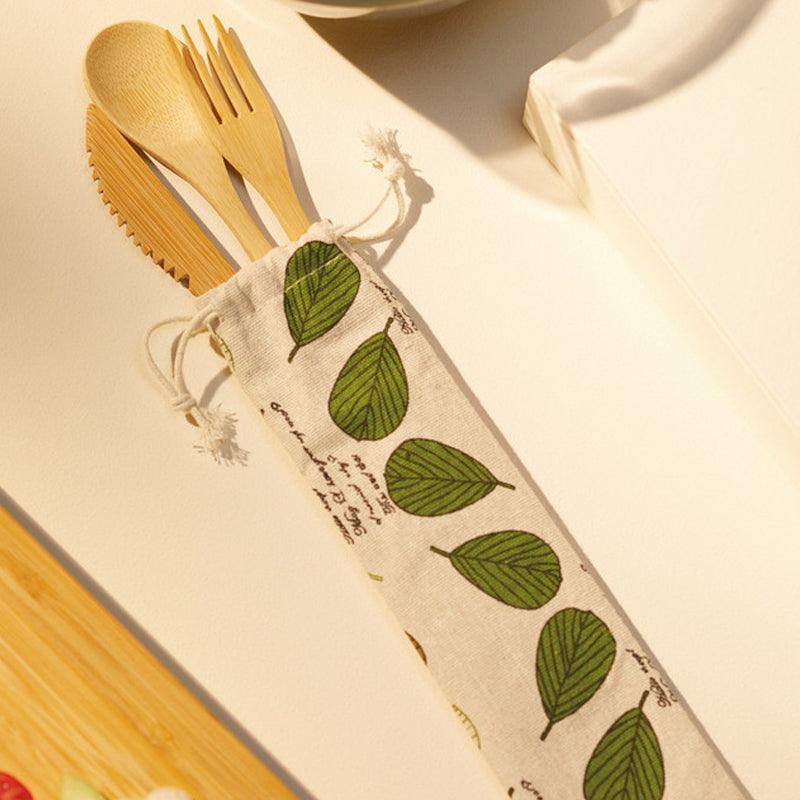 Reusable Bamboo Cutlery Set With Fabric Pouch - 3pcs - Waha Lifestyle