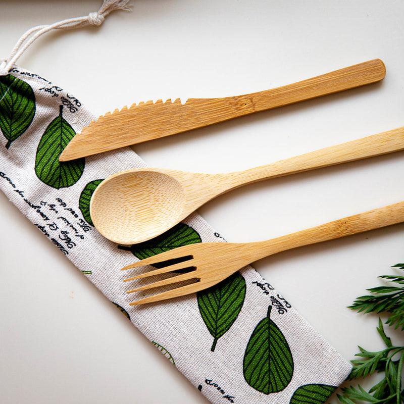 Reusable Bamboo Cutlery Set With Fabric Pouch - 3pcs - Waha Lifestyle