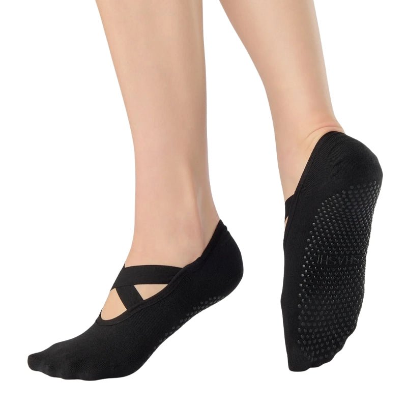 Cross Strap No Show Grip Socks - Black