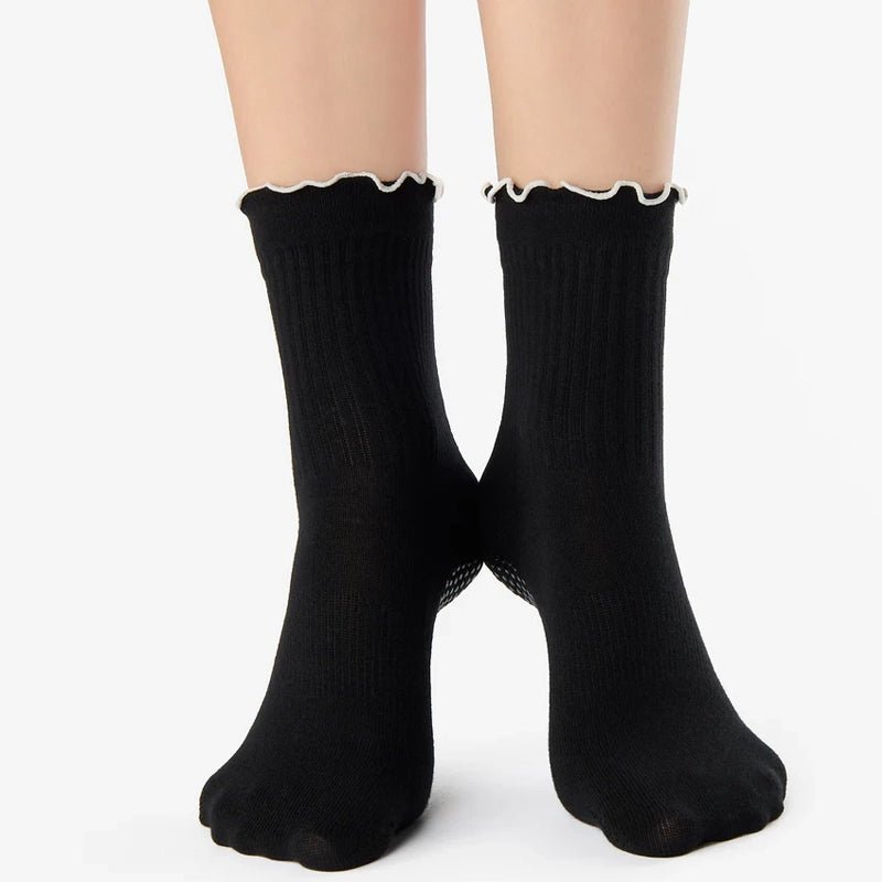 Ruffle Ankle Grip Socks for Workouts - Black
