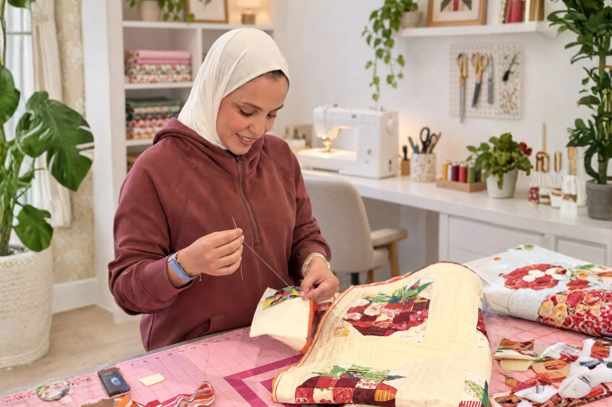 Zainab AlSayegh hand-stitching an appliqué piece in her studio — Sustainable Hand Appliqué Workshop Using Recycled Fabric at Waha Lifestyle Kuwait