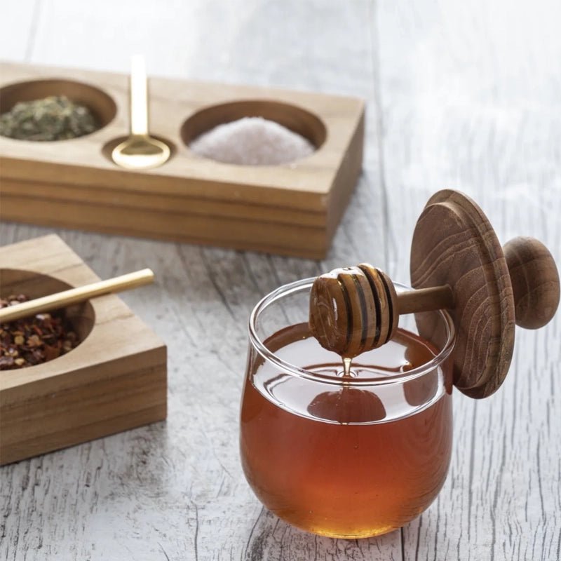 Teakwood &amp; Glass Mini Honey Jar - Waha Lifestyle