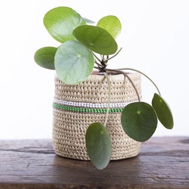 The Basket Room Kijani Green Beaded Doum Palm Leaf Basket - Small - Waha Lifestyle