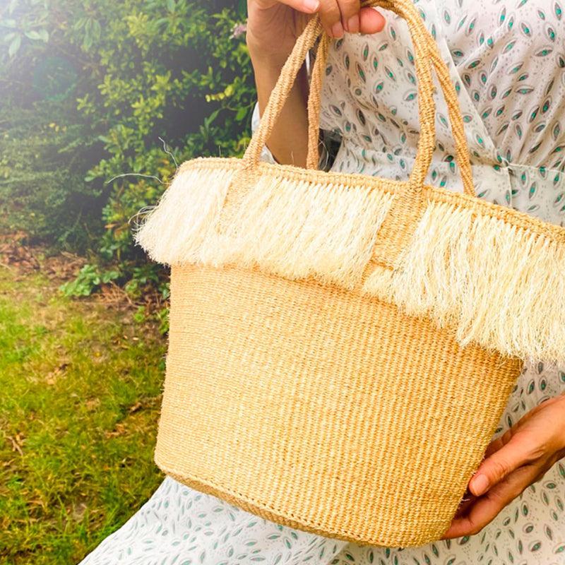 The Basket Room Ndevu Small Natural Fringed Basket Bag - Waha Lifestyle