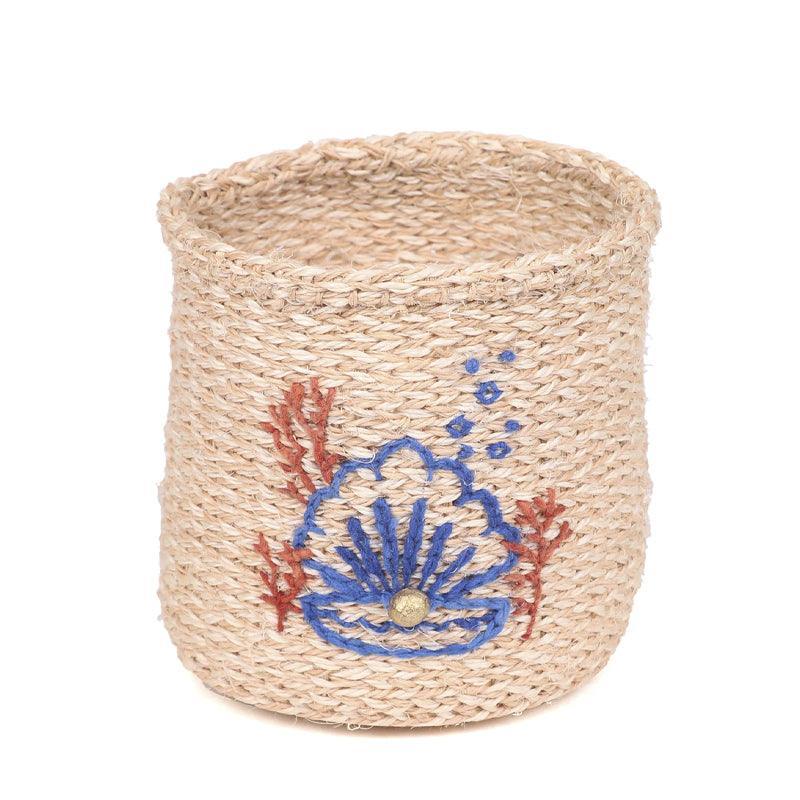 The Basket Room Shell Embroidered Woven Storage Basket - Pink &amp; Natural - Waha Lifestyle