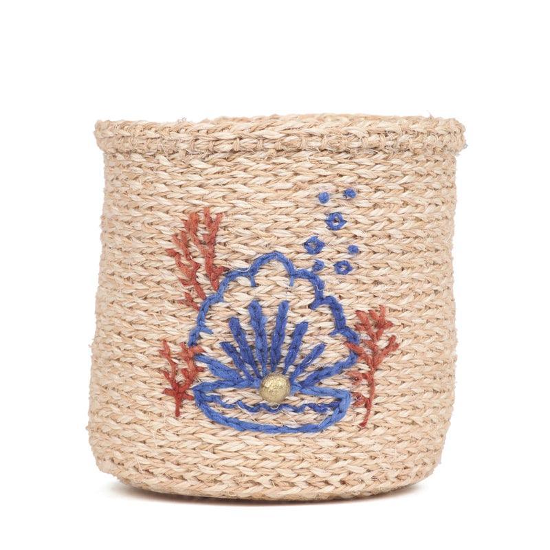 The Basket Room Shell Embroidered Woven Storage Basket - Pink &amp; Natural - Waha Lifestyle