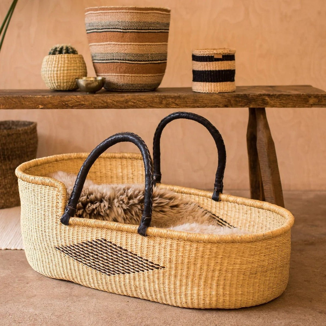 THE BASKET ROOM Huntuma Moses Woven Basket with Removable Mattress in Kuwait - Waha Lifestyle