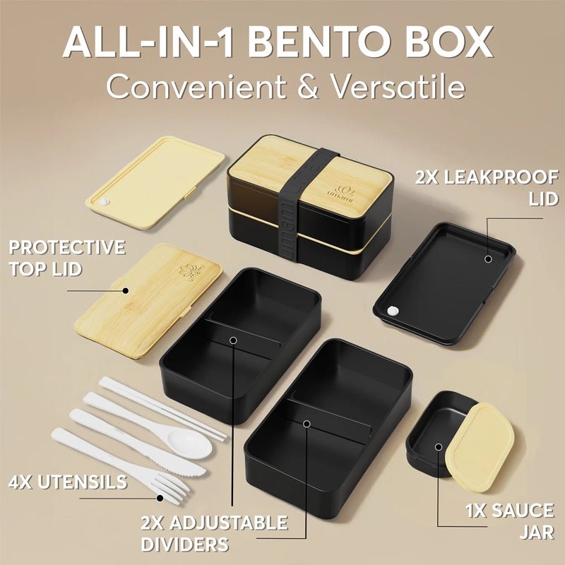 Original Adult Bento Lunch Box with Cutlery - Wood Black &amp; Bamboo