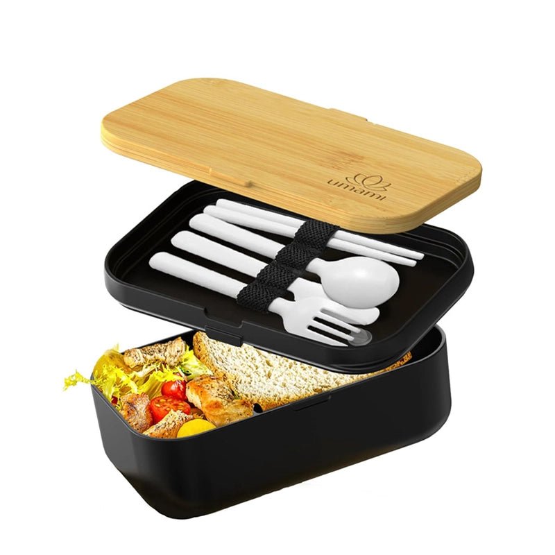 Single-layer Bento Box with Cutlery - Wood Black &amp; Bamboo