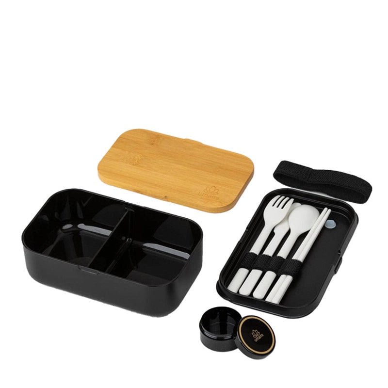 Single-layer Bento Box with Cutlery - Wood Black &amp; Bamboo