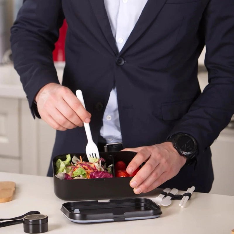 Single-layer Bento Box with Cutlery - Wood Black &amp; Bamboo