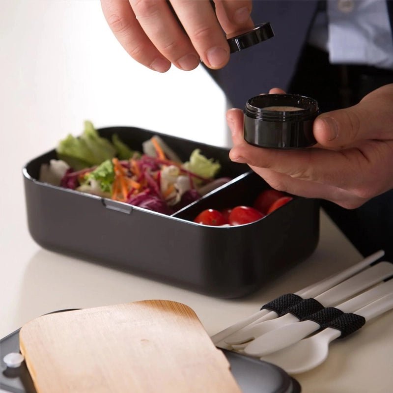 Single-layer Bento Box with Cutlery - Wood Black &amp; Bamboo