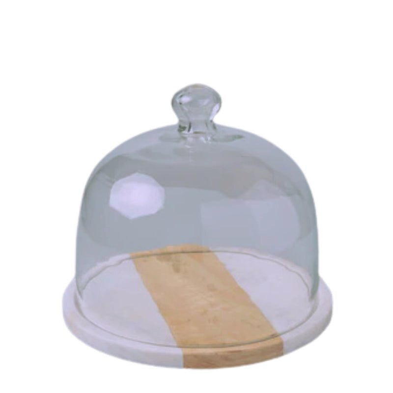 White Marble &amp; Wood Plate With Glass Cloche - Waha Lifestyle