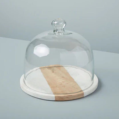 White Marble &amp; Wood Plate With Glass Cloche - Waha Lifestyle