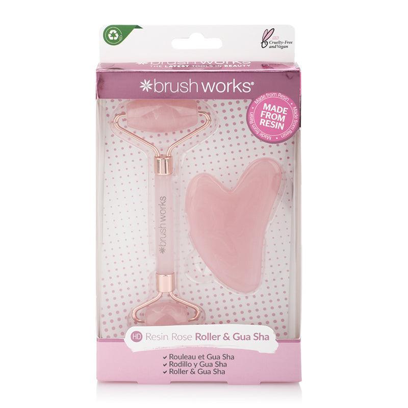 Brushworks Resin Rose Quartz Roller &amp; Gua Sha Set For Radiant Skin - WahaLifeStyle