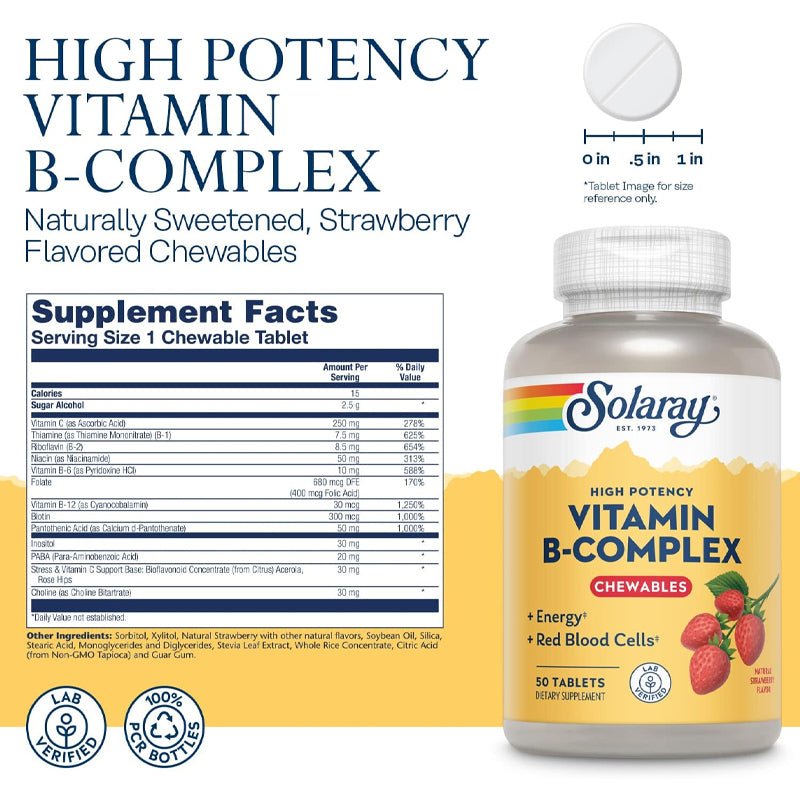 Solaray High Potency B Complex Chewable Strawberry Flavor- 50Tabs - WahaLifeStyle