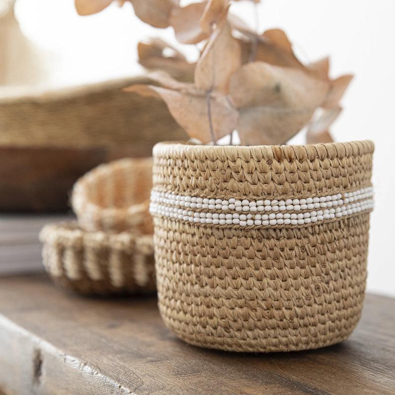 The Basket Room Nyeupe Beaded Doum Palm Leaf Basket - Small - WahaLifeStyle